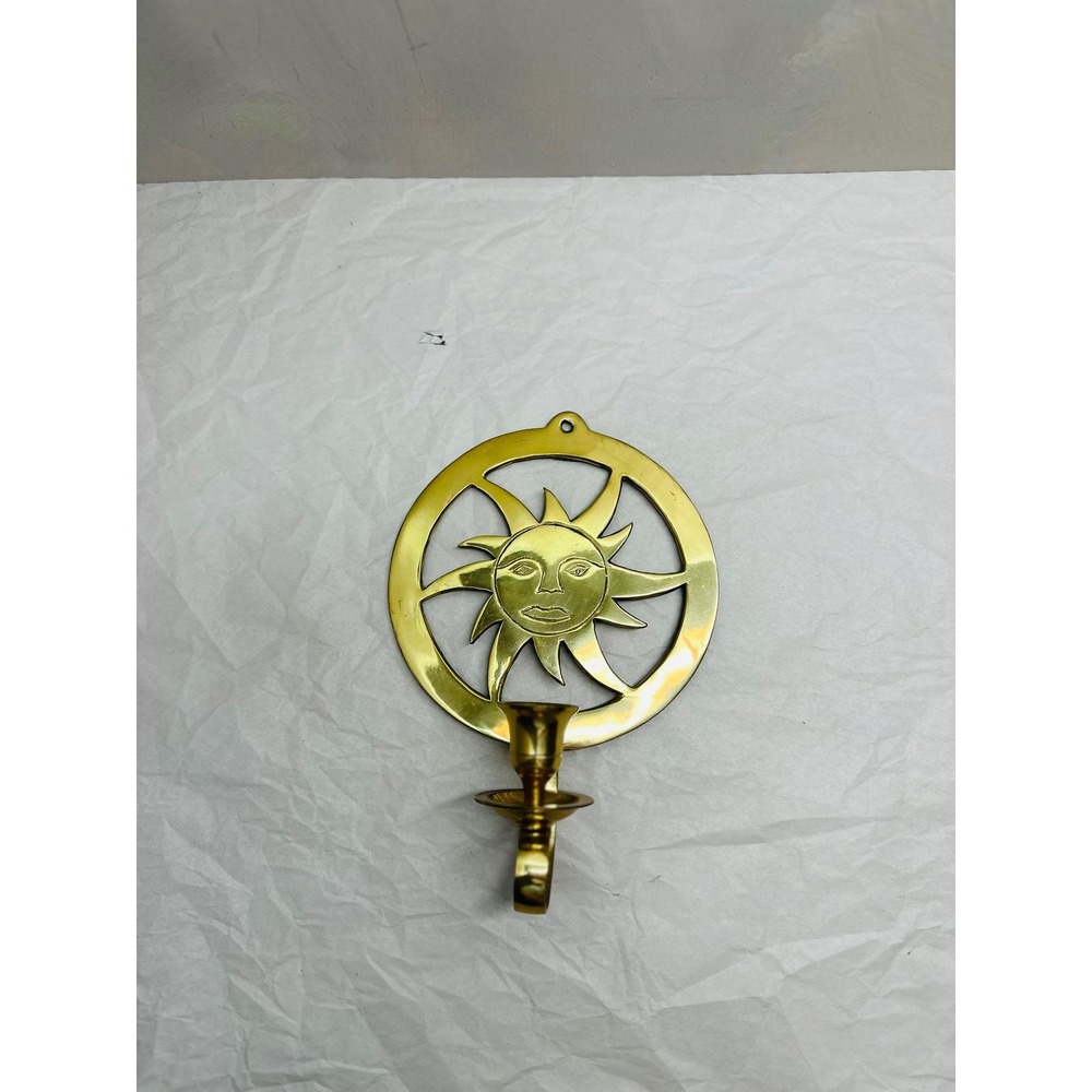 Vintage Brass Sun Face Wall Sconce Candle Holder Celestial Boho Decor Gold Tone - Picture 4 of 7